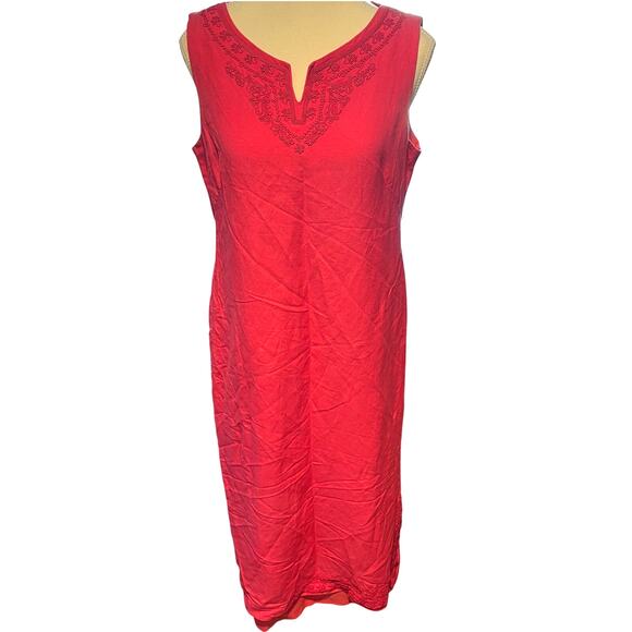 Talbots Women's 12P Preppy V Neck Knee Length Pink Shift Dress Embroidered Linen - Picture 1 of 8